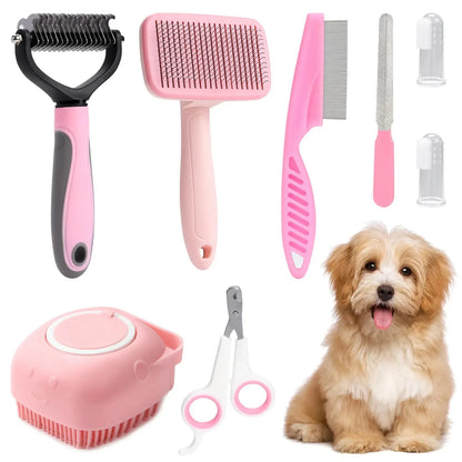 8 Piece Dog Brush Grooming Set, Pet Self-Cleaning Set