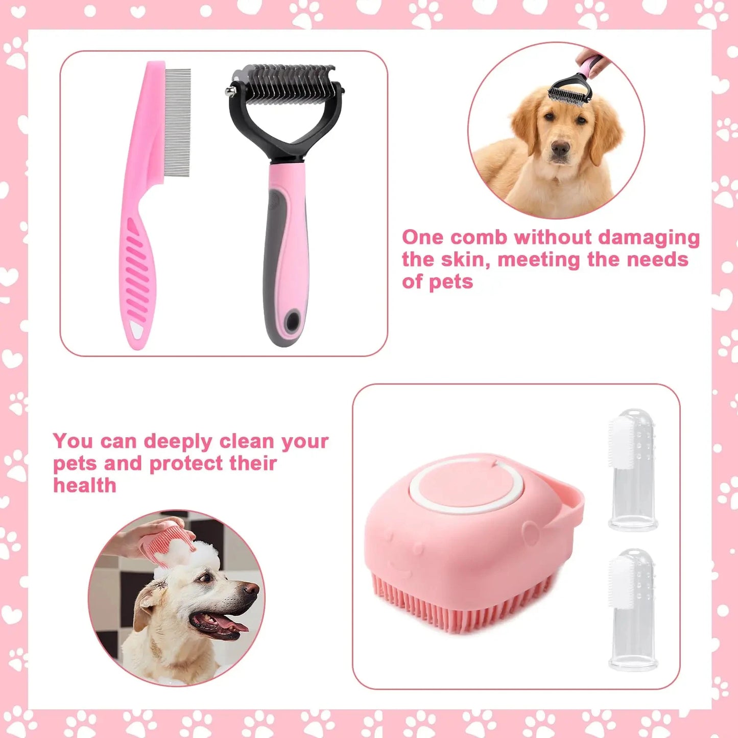 8 Piece Dog Brush Grooming Set, Pet Self-Cleaning Set